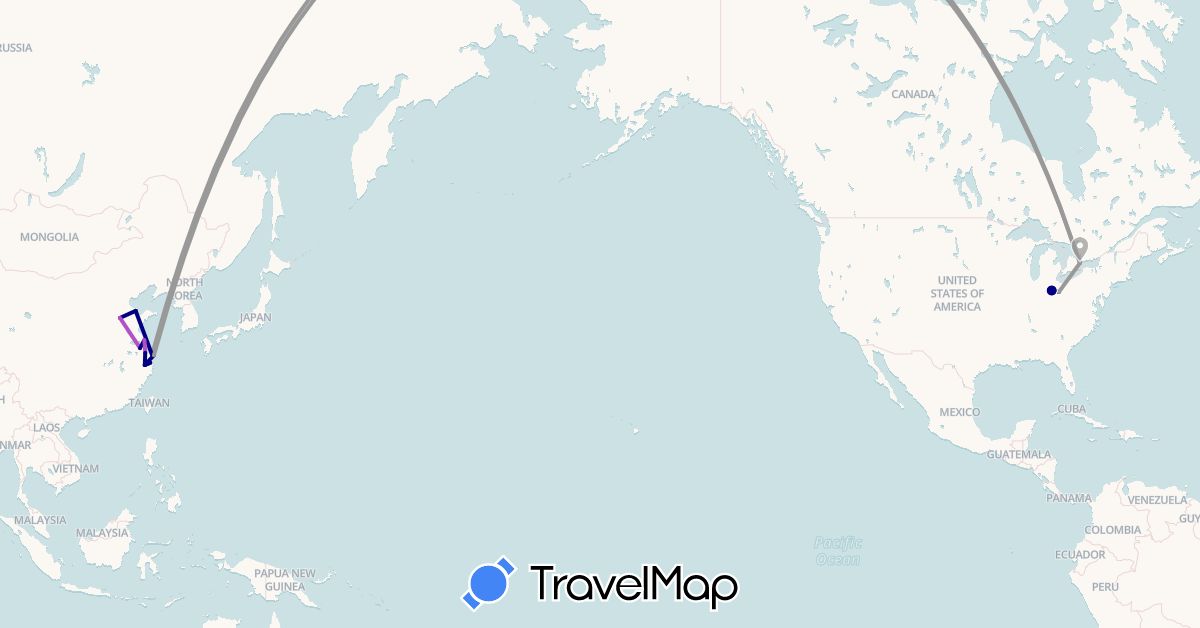 TravelMap itinerary: driving, plane, train in Canada, China, United States (Asia, North America)